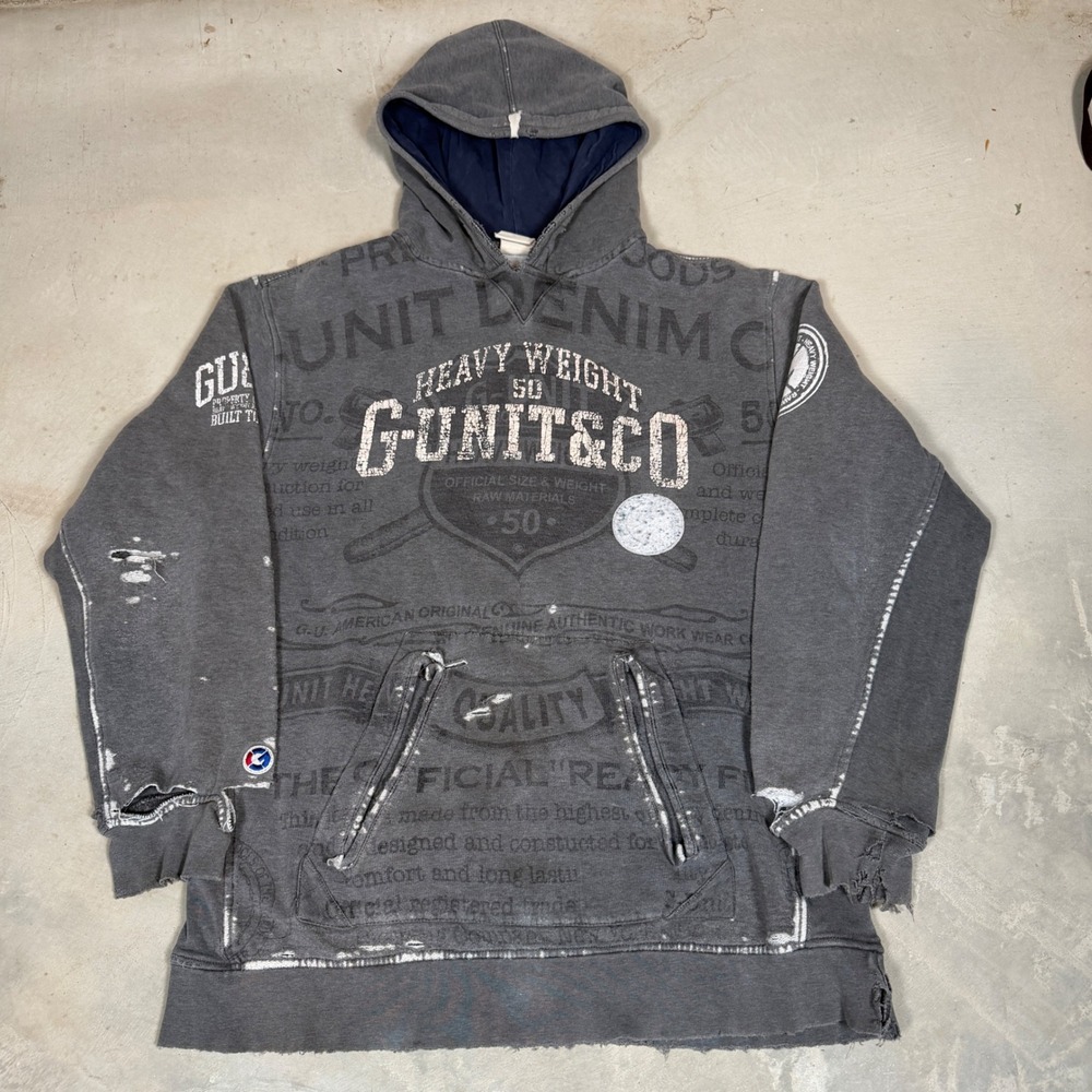 Vintage G-Unit Heavy Weight Hoodie Mens XL Grey Distressed All Over Print Y2K